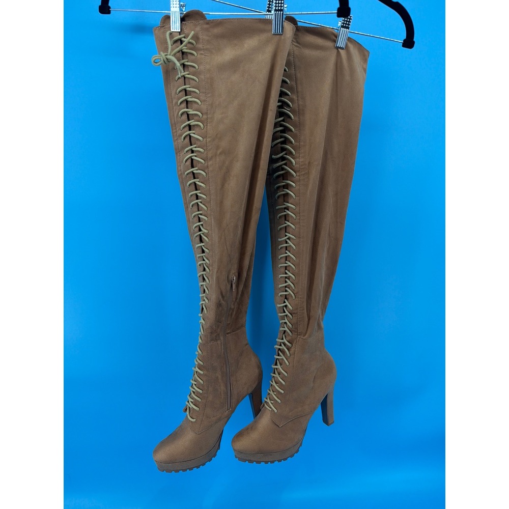Remi Tan Faux Suede Lace Up Over The Knee Platform Boots Mens 11 Womens 13